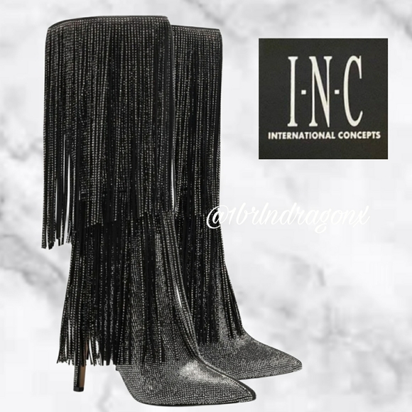 NWT Fringe Rhinestone Beaded Heeled Knee-High Boots Pointed Toe Metallic Boot - Picture 6 of 16